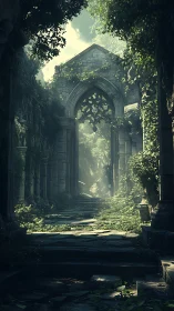 Overgrown Gothic Ruins Framed By Arched Stone Portico.