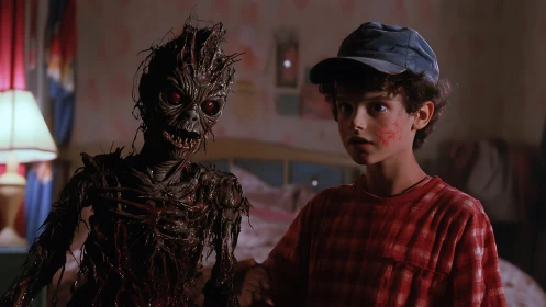 Practical effects horror creature beside shocked boy in bedroom