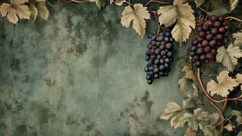 Grape clusters on vine against textured green background image.