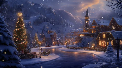 Snowy Christmas village with glowing tree and river at dusk.