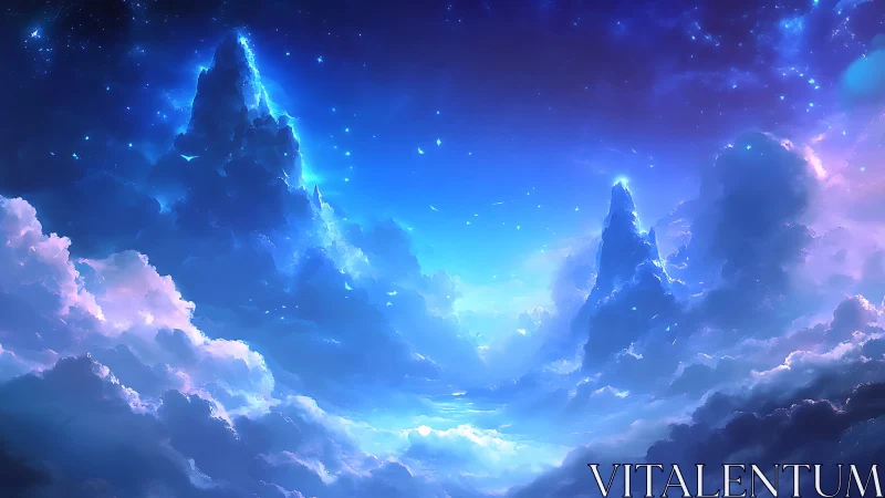 Starlit cloud spires drift upward into a glowing cosmic sea