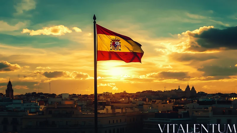 Spanish flag over city skyline at vivid urban sunset.