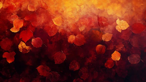 Fallen leaves form a dense red to yellow color gradient