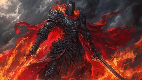 Dark armored warrior with flaming swords amid intense fire.