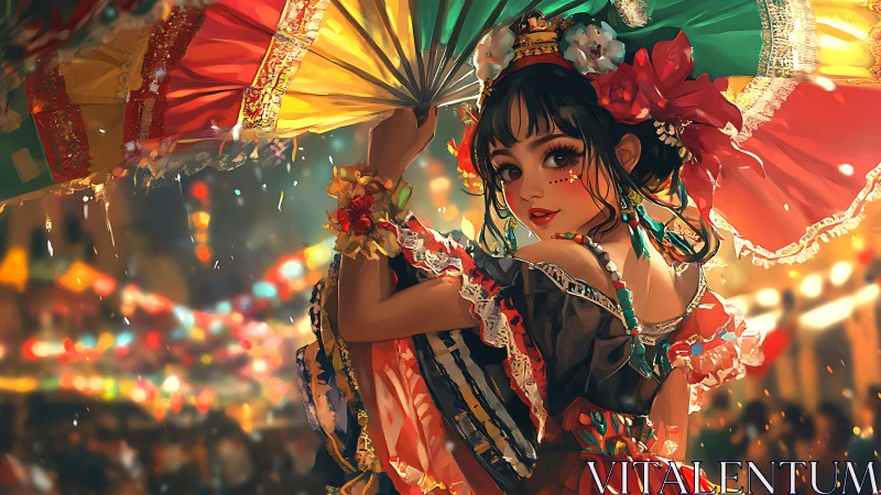 Festival lights swirl around a joyful parasol dancer.