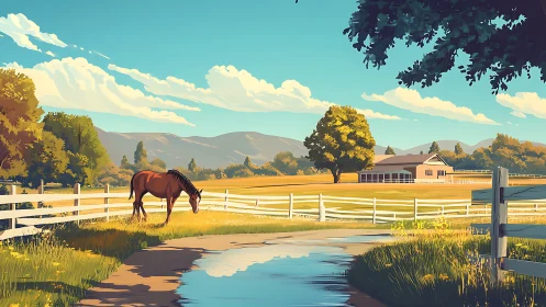 Horse near rural paddock with farmhouse and distant hills.