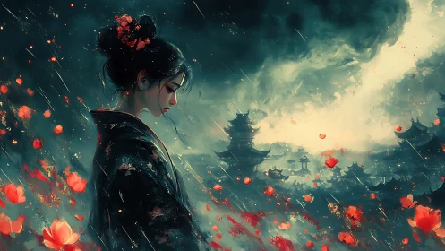 Melancholic geisha in storm-lit pagoda landscape at dusk