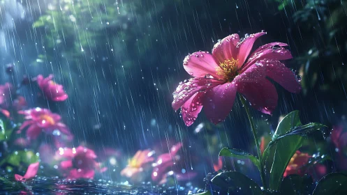 Rainlit pink blossom standing proud in a silver storm.