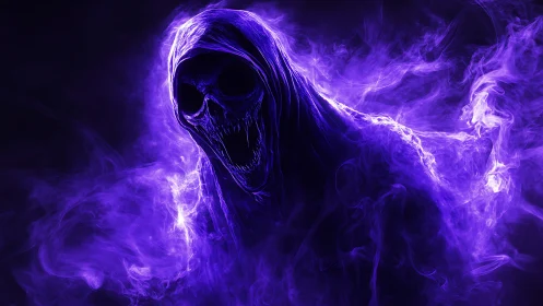 Hooded skeletal figure in purple spectral smoke profile.