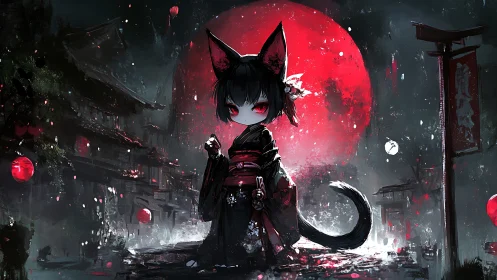 Digital painting of dark neko shrine maiden under blood moon.