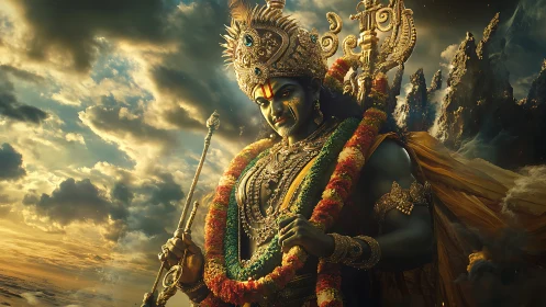 Photorealistic divine warrior in ornate celestial regalia.