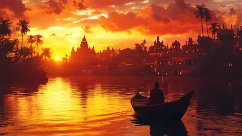 Golden river sunset embraces temple city and lone boatman.
