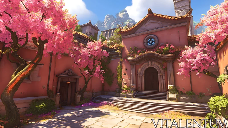 Sunlit courtyard chapel dressed in jubilant cherry bloom.