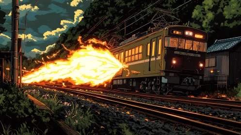 Night train erupts with cinematic fireburst along rural tracks.