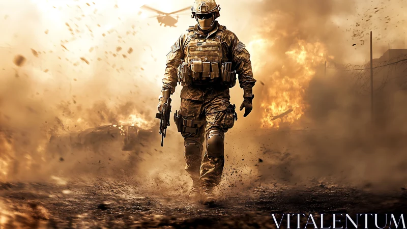 Armed soldier walking through blast area in combat zone.