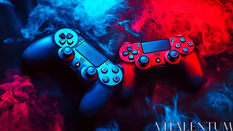 Dual game controllers in neon red and blue smoke glow.