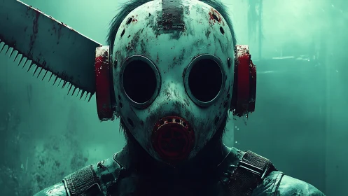 Masked chainsaw killer stands in cold teal industrial haze.