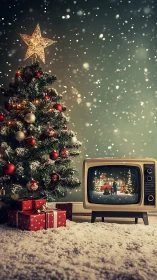 Retro CRT television beside illuminated snow-draped tree.