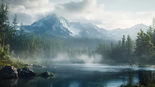 Snow-capped alpine range above misted conifer river valley.