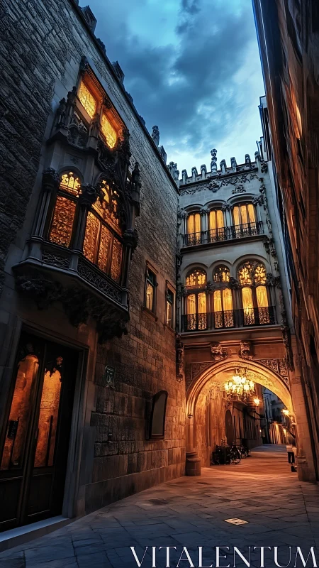 Photorealistic Gothic alleyway with illuminated archway and façades.
