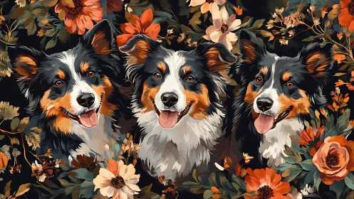 Flower-crowned border collie trio beams from autumn jungle