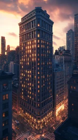 Sunlit historic tower dominates dense evening cityscape