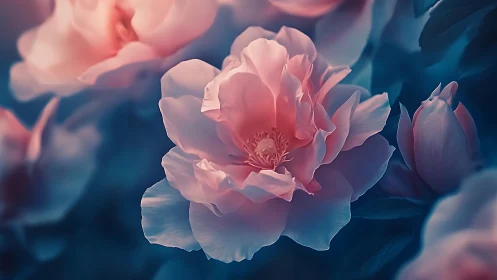 Pink Peonies Bloom Against Teal Blue Atmospheric Background