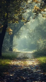 Forest path with filtered sunlight and autumn foliage canopy