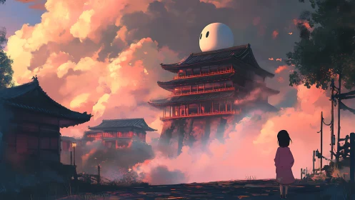 Surreal pagoda skyline glows against storm-lit vapor clouds