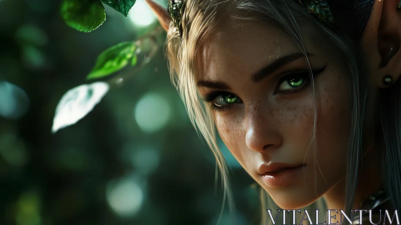Elf girl portrait with green eyes in soft forest light.
