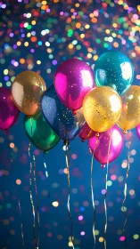 Shimmering Celebration: Metallic Balloons in Glowing Bokeh.