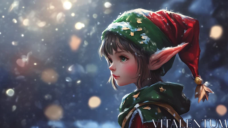 Snowlit Christmas elf in profile with festive red cap.