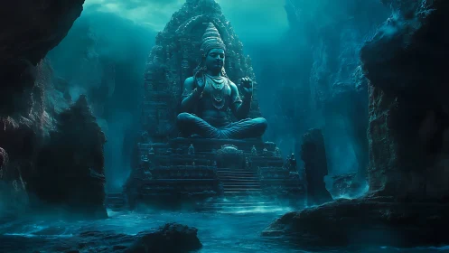 Silent blue temple god rests beneath timeless ocean light.
