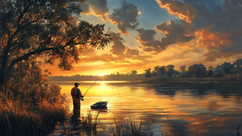 Golden evening fishing scene glows over a peaceful riverbank