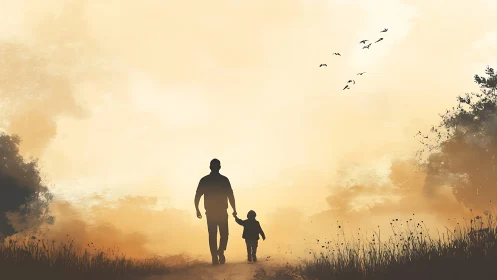 Silhouetted adult and child walking on path at dusk sky.