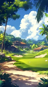 Sunlit tropical golf resort nestles beneath towering clouds