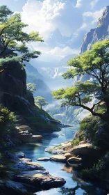 Mountain river landscape with trees, cliffs, and distant peak.