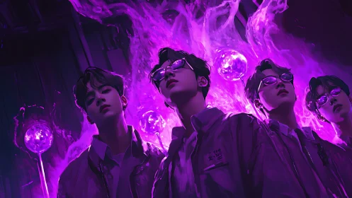 Neon-lit youth quartet under luminescent violet plasma orbs