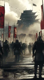 Armored samurai march toward a mist shrouded mountain citadel.
