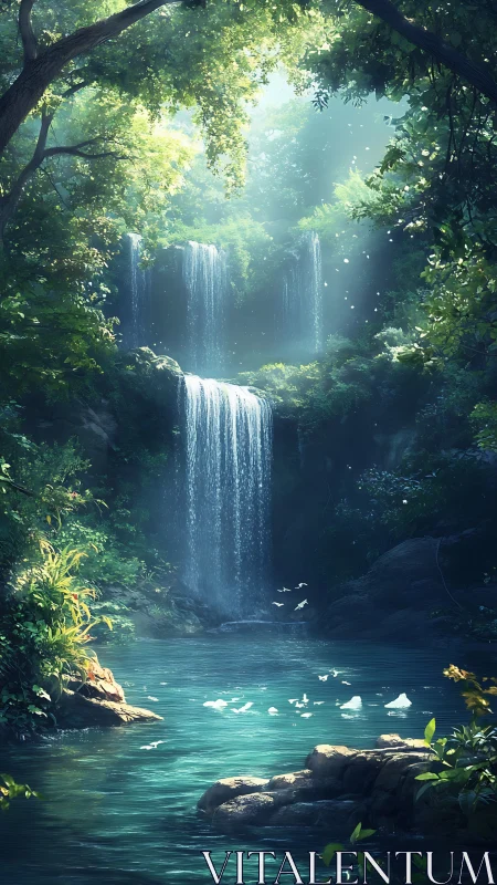 Tranquil forest waterfall pool bathed in soft morning light.