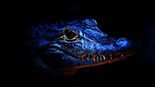 Crocodile portrait in neon blue rim light on black background.