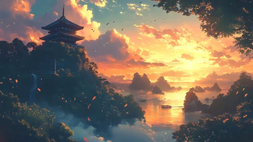 Sunlit mountain temple watches over a tranquil misty bay