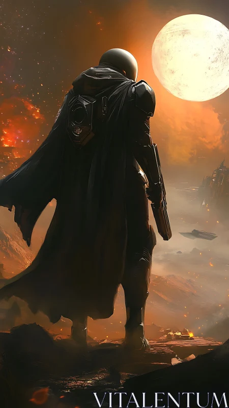 Lone armored sentinel under molten lunar battlefield sky.