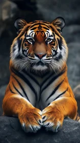 Calm tiger resting with gentle strength and steady gaze.