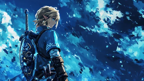 Blue-clad fantasy warrior in dynamic painterly profile view