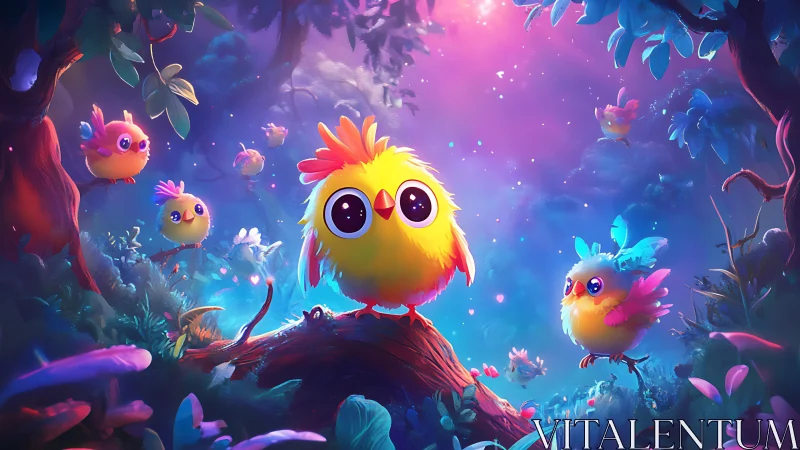 Magical Birds Create Wonder in an Enchanted Forest of Neon Dreams