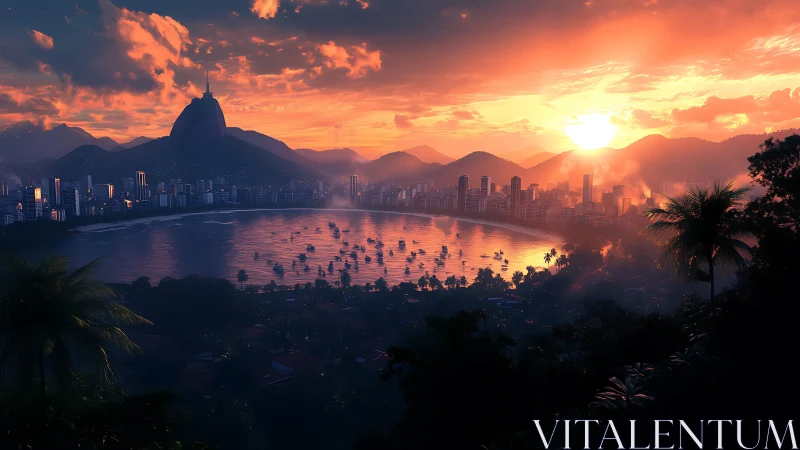 Sunburst over tropical bay cityscape in molten gold hush.