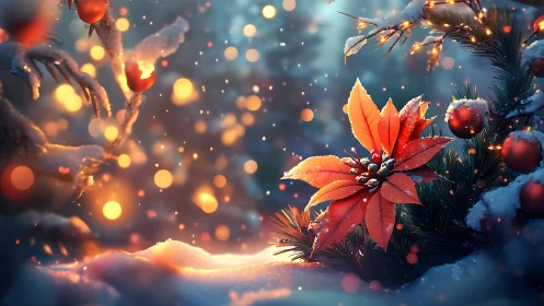 Snow covered poinsettia with winter lights and branches.