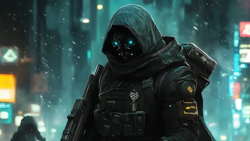 Cloaked cybernetic soldier in neon lit urban streetscape.