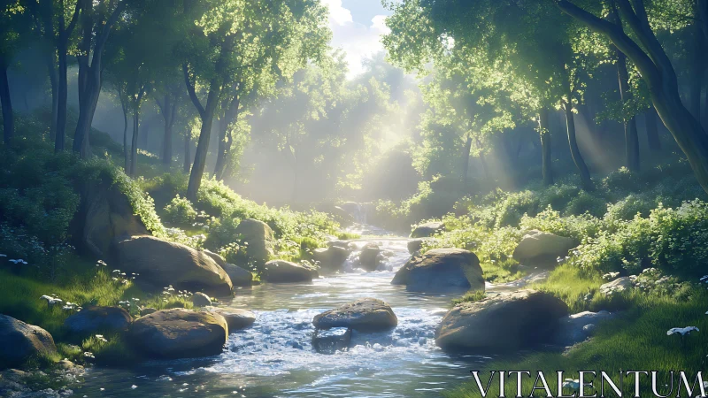 Sunlit Forest Stream with Rocky Landscape.